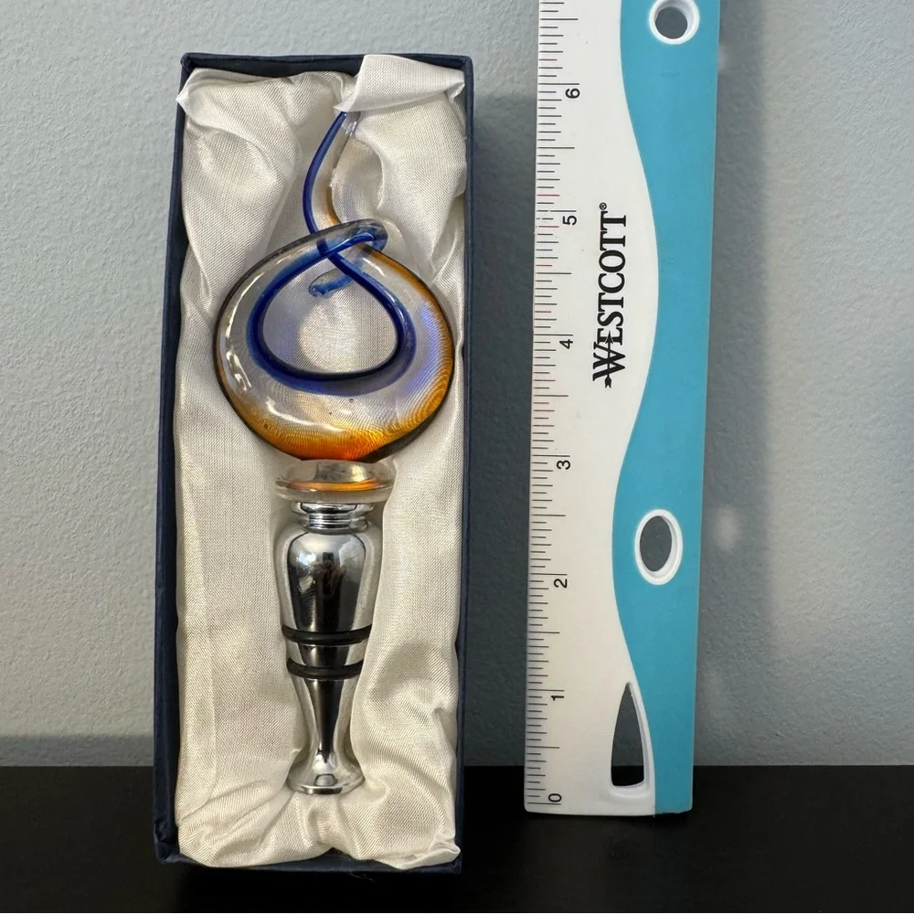Murano-style Glass Wine Bottle Stopper. Handmade. Blue & orange swirl design NWT